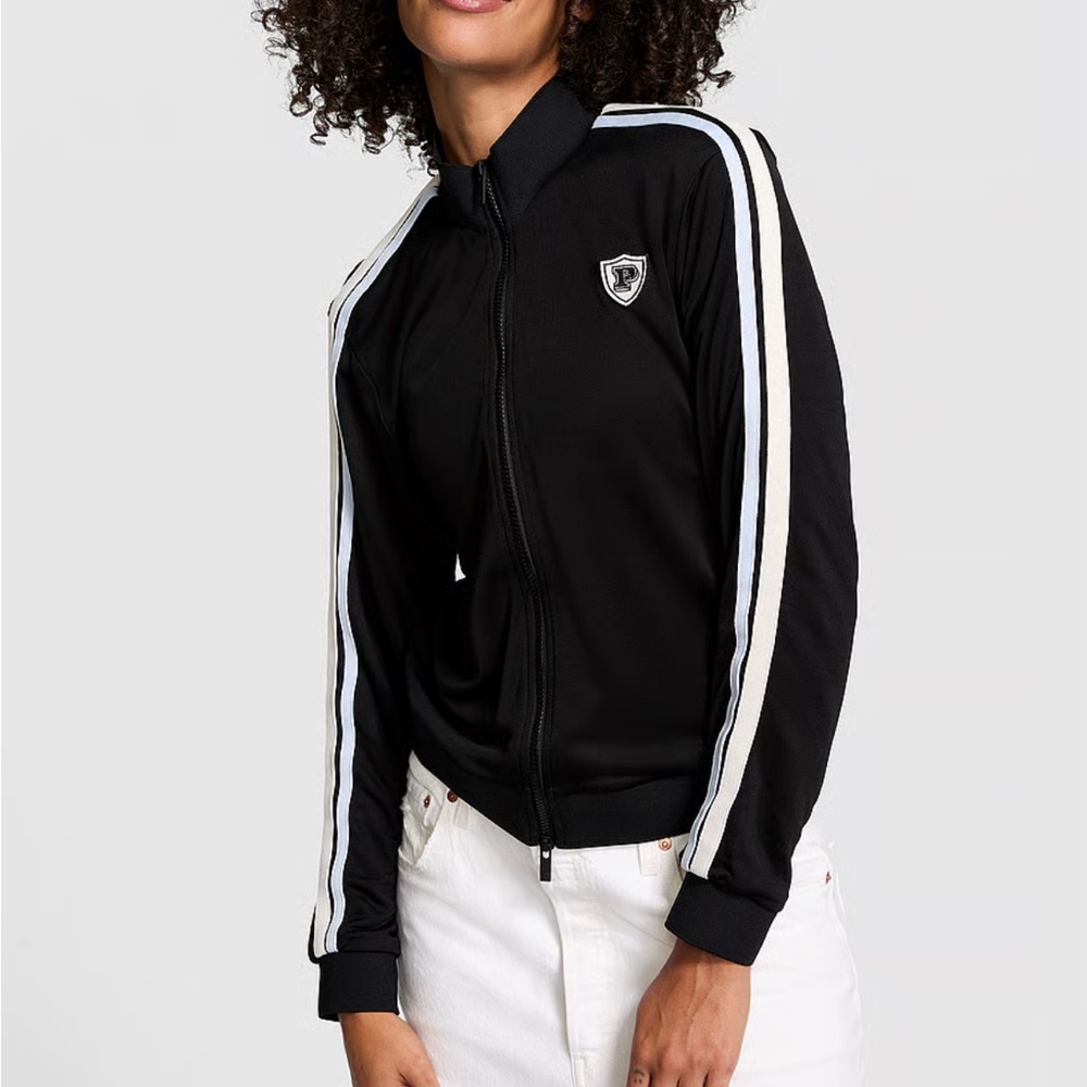 Victoria’s Secret Black Athletic workout Track Jacket with Stripes zip •Lg